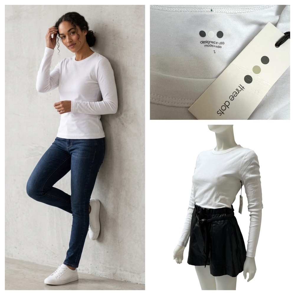 Three Dots White Ribbed Crew-Neck Long Sleeve Tee Cotton New Preppy Capsule S